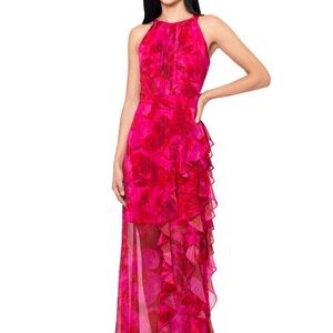 Betsy & Adam Fuchsia Poppy Halter Floral Printed Chiffon Maxi Dress Size 12 $259